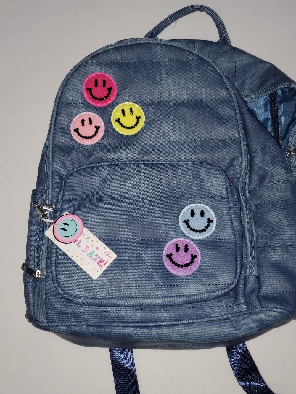 Kids Blue Backpack with Colorful Smiley Patches -